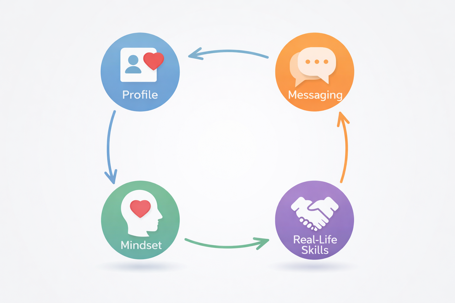 Diagram showing the four interconnected factors of dating success: Profile, Messaging, Real-Life Skills, and Mindset
