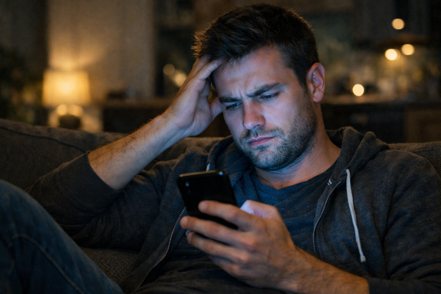 Person frustrated while scrolling through a dating app with no matches
