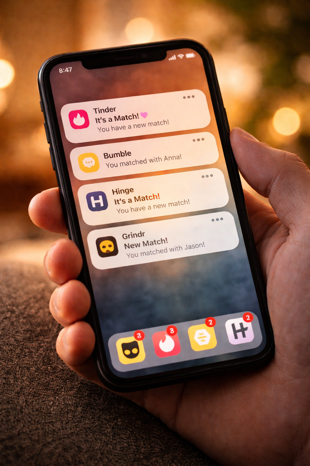 Phone showing multiple dating app match notifications