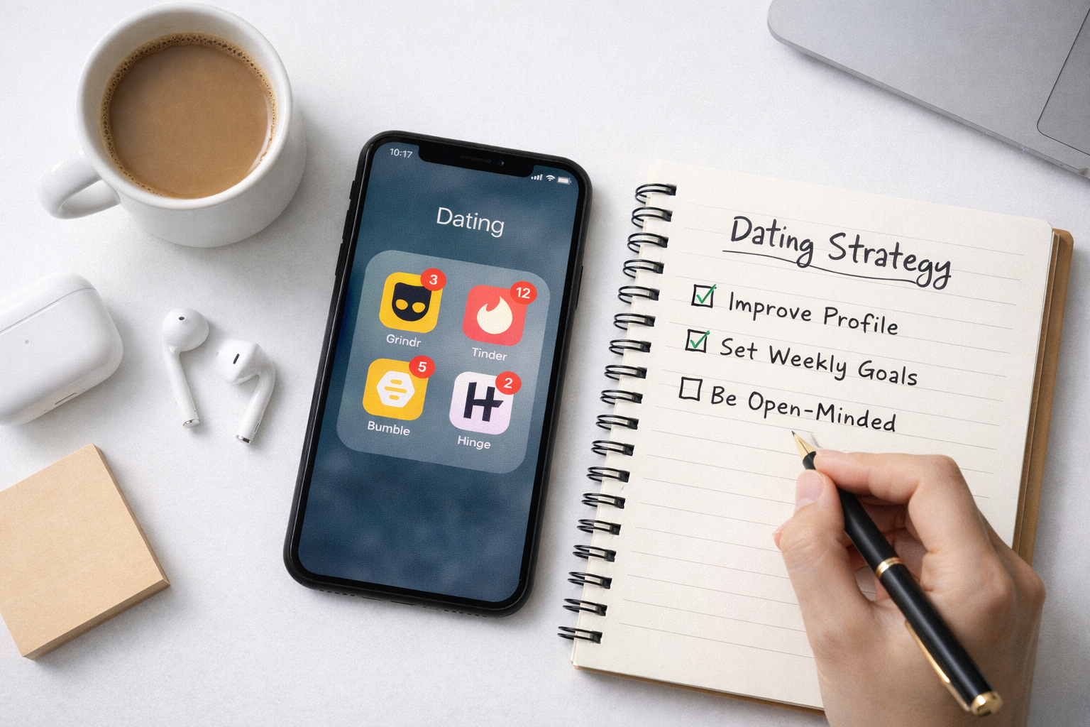 Modern desk setup with dating strategy notes and phone showing match notifications