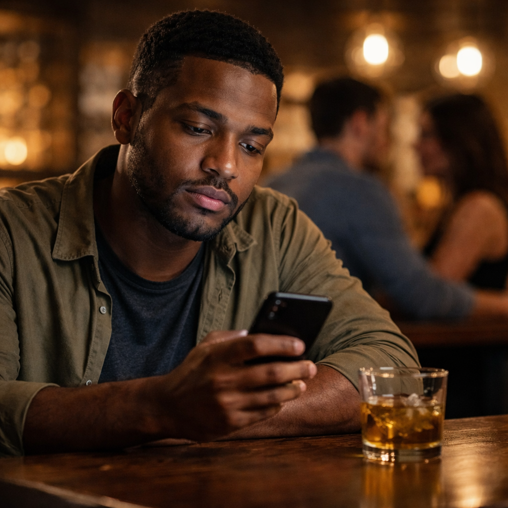 Person sitting alone at a bar checking their phone