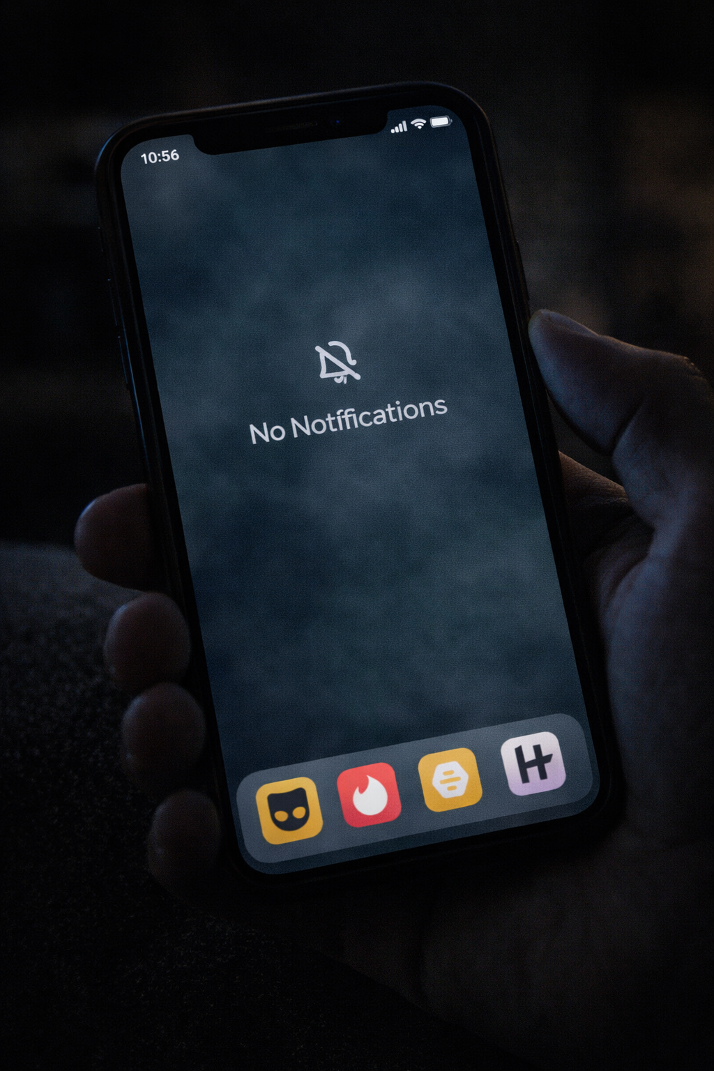 Phone with an empty dating app showing no matches